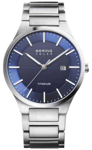 Bering 15239-777 Men's Solar Blue Face Silver Titanium Watch