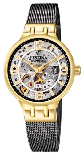 Festina F20580/2 Ladies Gold/Black-Toned Skeleton Auto Watch