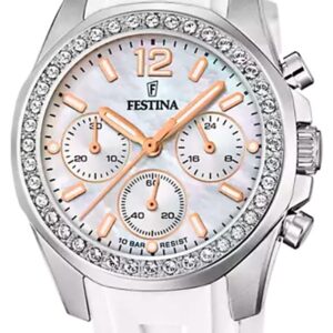 Festina F20610/1 Ladies Steel Chrono W/CZ Set & Rubber Watch