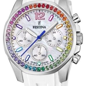 Festina F20610/2 Ladies Steel Chrono W/CZ Set & Rubber Watch